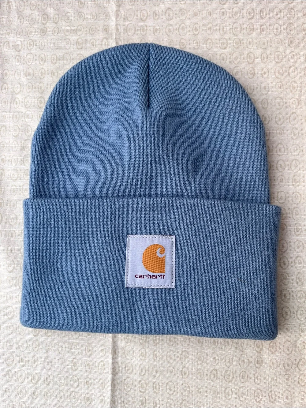 Carhartt Light Blue Cuffed Beanie with Orange Logo Patch